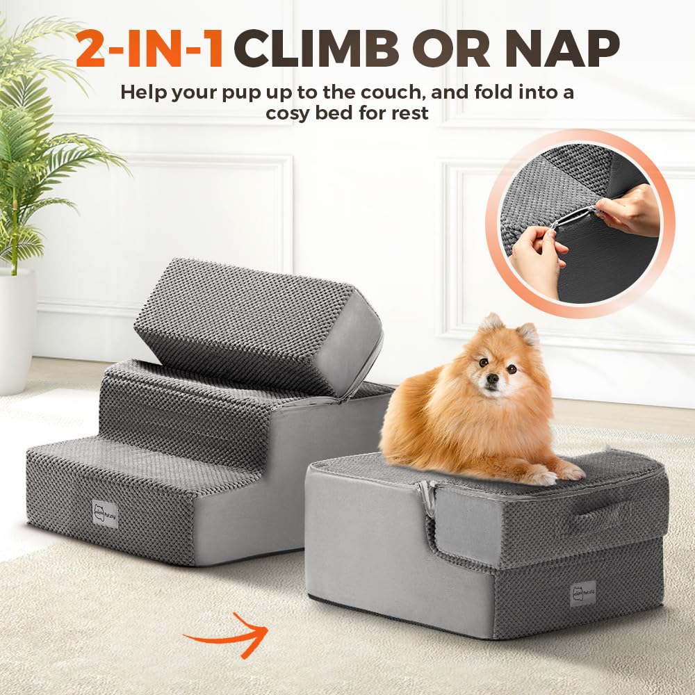 3 Step Dog Stairs 35cm High - Grey - High Density Foam with Support Boards, Non Slip Corduroy Cover