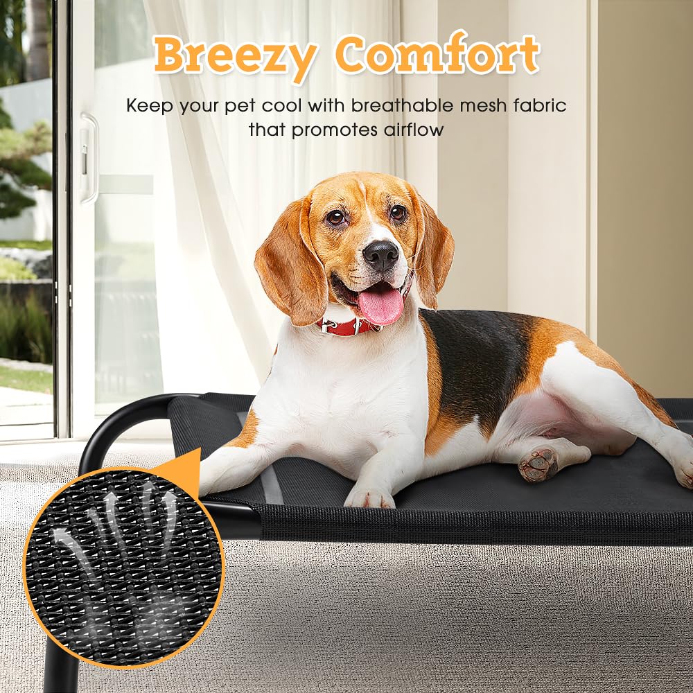Cooling Elevated Dog Bed - Black, Medium 87 x 65 x 20cm - Breathable Textilene Mesh, Steel Frame, Holds 60kg