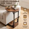 Foldable C Shaped Side Table 2 Tier - Vintage Brown - 33 x 40 x 65cm, Metal Frame, Folds Flat Without Tools
