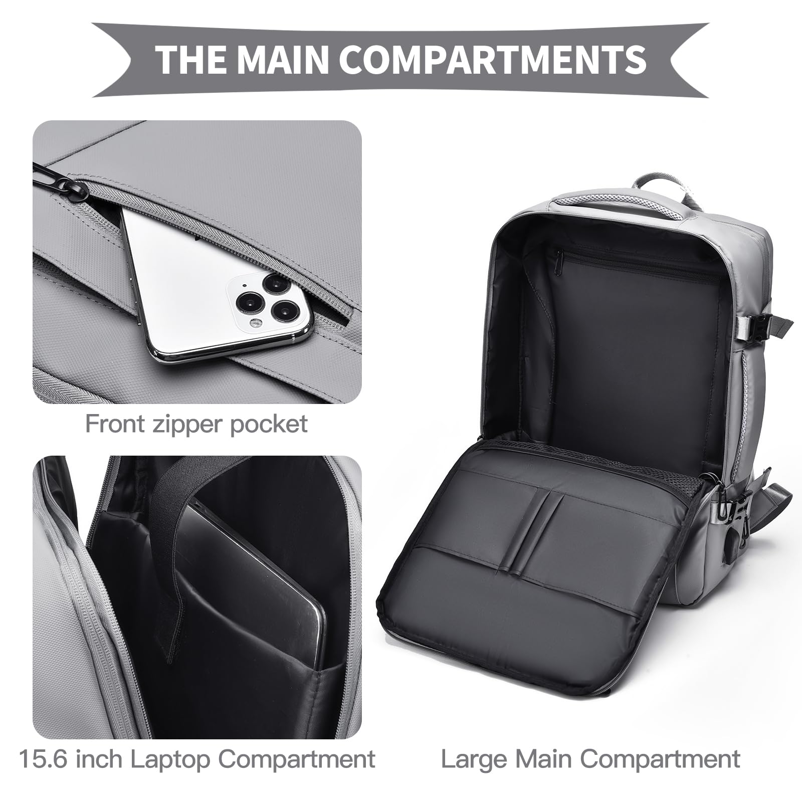 Travel Laptop Backpack 16" with USB Charging Port - Grey
