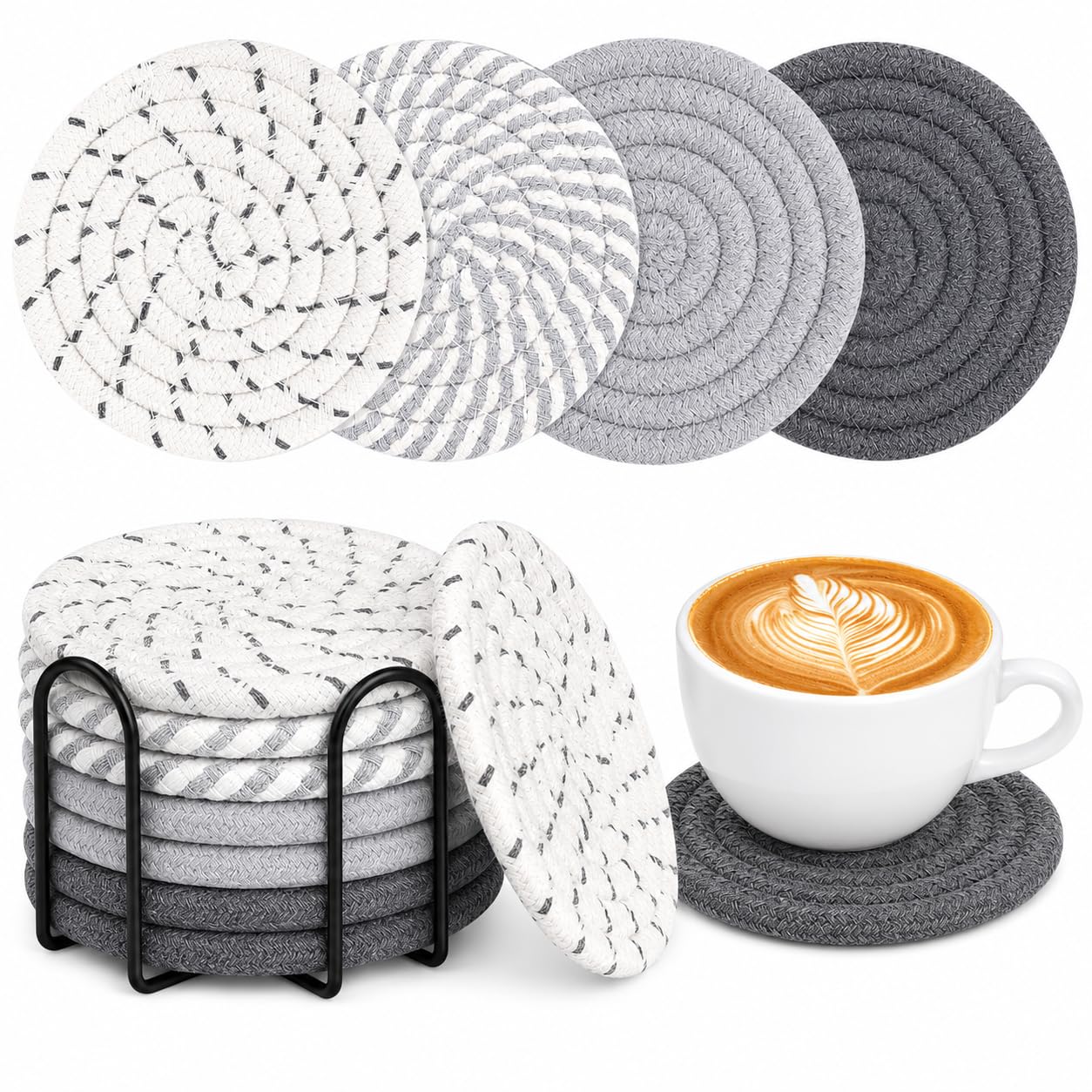 Cotton-Linen Coasters 11cm with Metal Holder - 8 Pack, Grey