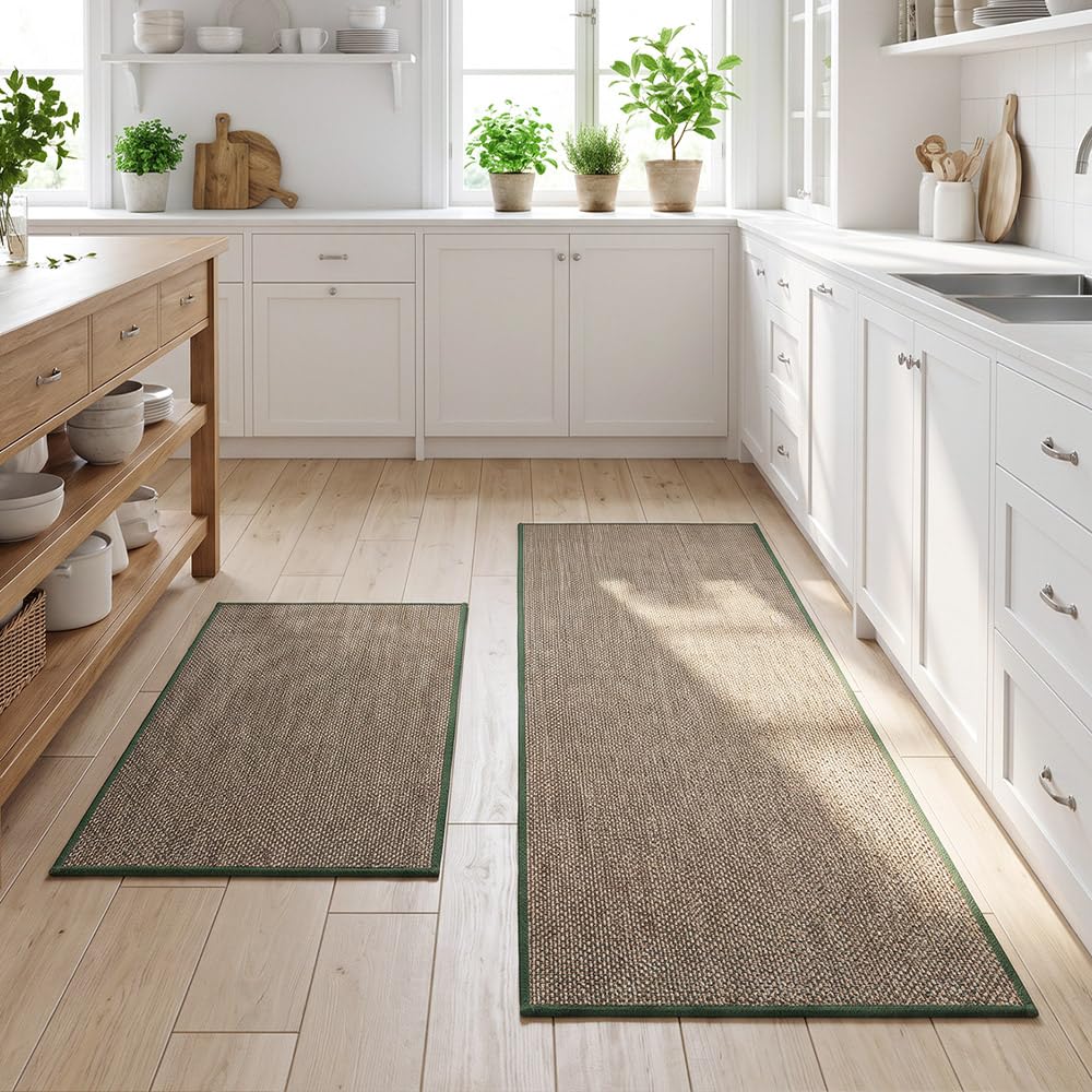 Kitchen Rug and Mat Set 2 Piece - Green - 45 x 150cm and 45 x 75cm, Anti Slip Rubber Backing, Polyester, 3.4mm
