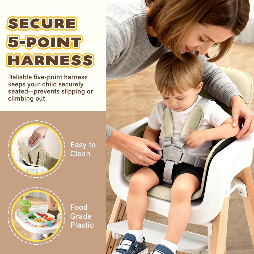 3-in-1 Wooden Baby High Chair - Khaki - 5-Point Harness, Food-Grade Tray, 5-Level Footrest