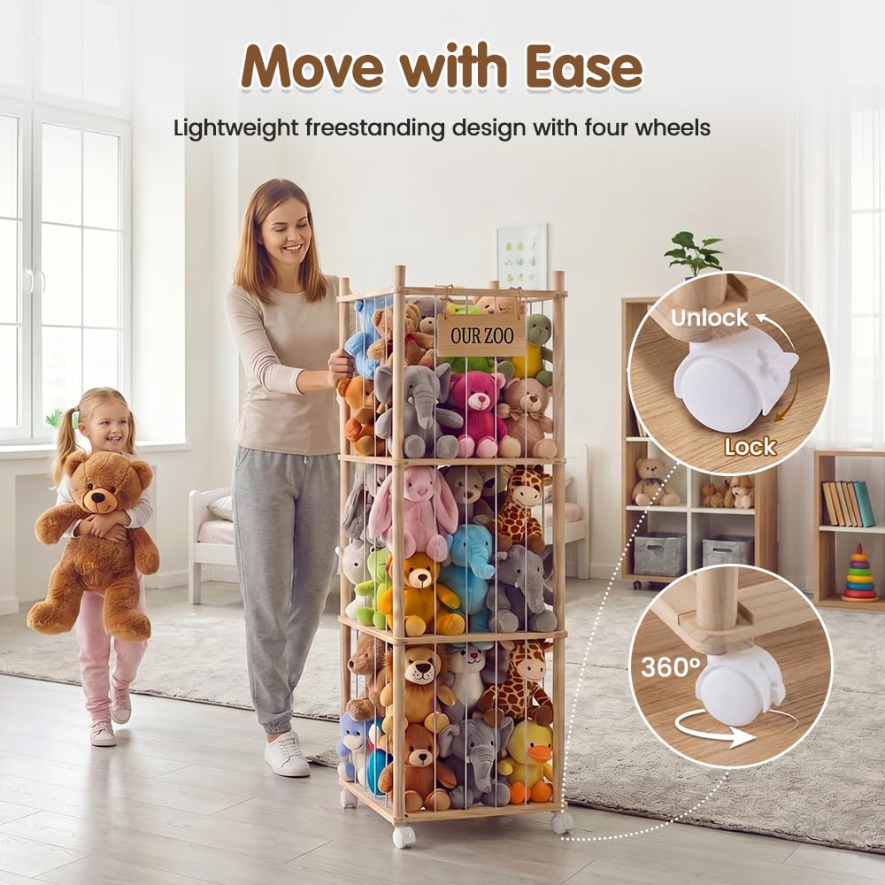 Soft Toy Storage Tower 3-Tier with Wheels - Natural Wood 136cm - Holds 50+ Plush Toys, Rolls Away