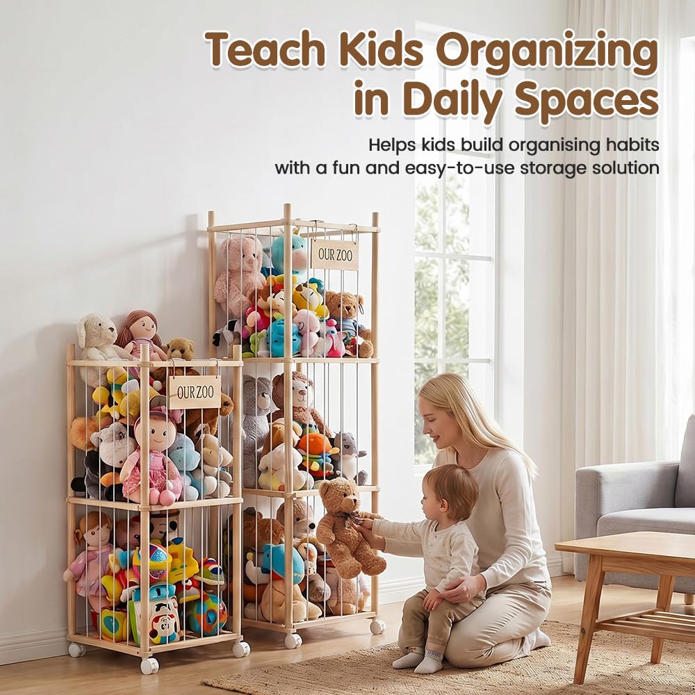 Soft Toy Storage Tower 3-Tier with Wheels - Natural Wood 136cm - Holds 50+ Plush Toys, Rolls Away