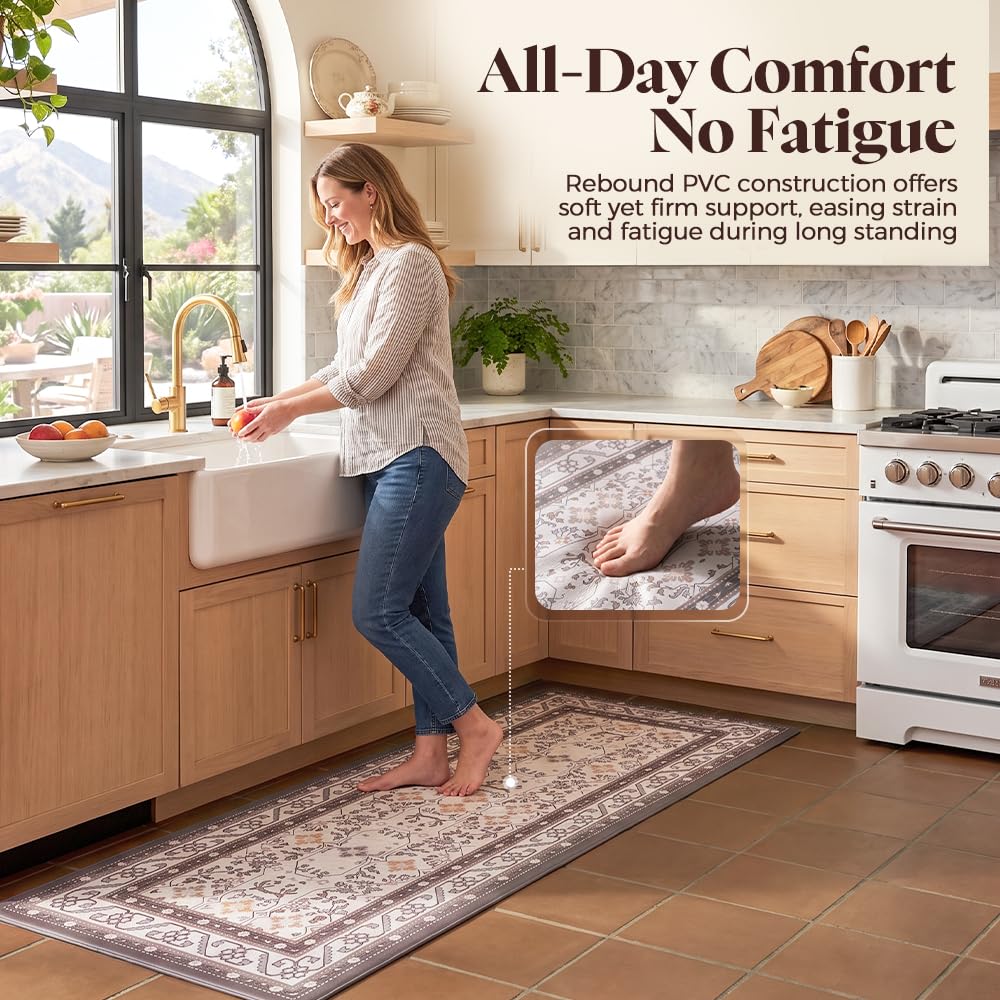 Kitchen Rug and Mat Set 2 Piece - Brown - 45 x 151cm and 45 x 74cm, Textured Anti Slip PVC, Wipe Clean