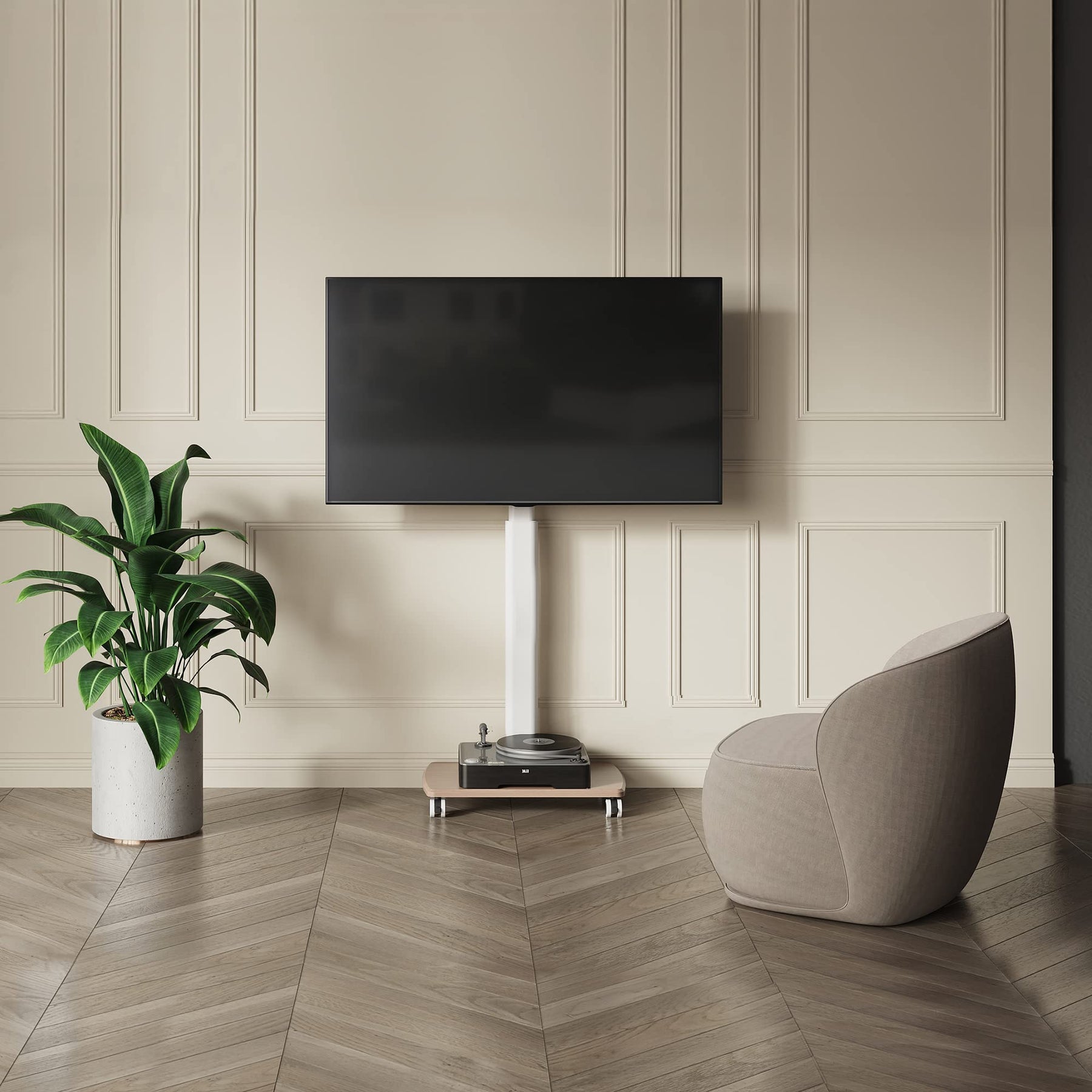 Tall Mobile TV Stand with Wood Base for 32-65 Inch TVs - White - Swivel Mount, Height Adjustable, on Wheels