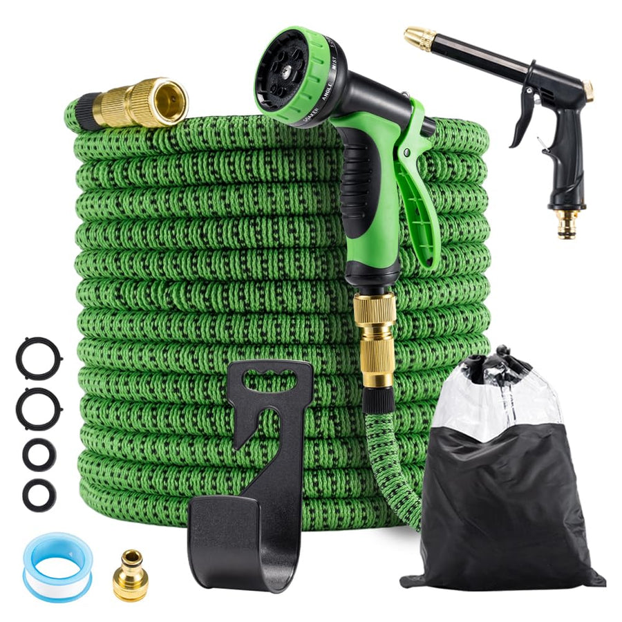 Expandable Garden Hose 100FT - Green - Stretches to 3x Length, 10 Function Nozzle plus Mist Nozzle, 1/2 and 3/4 BSP