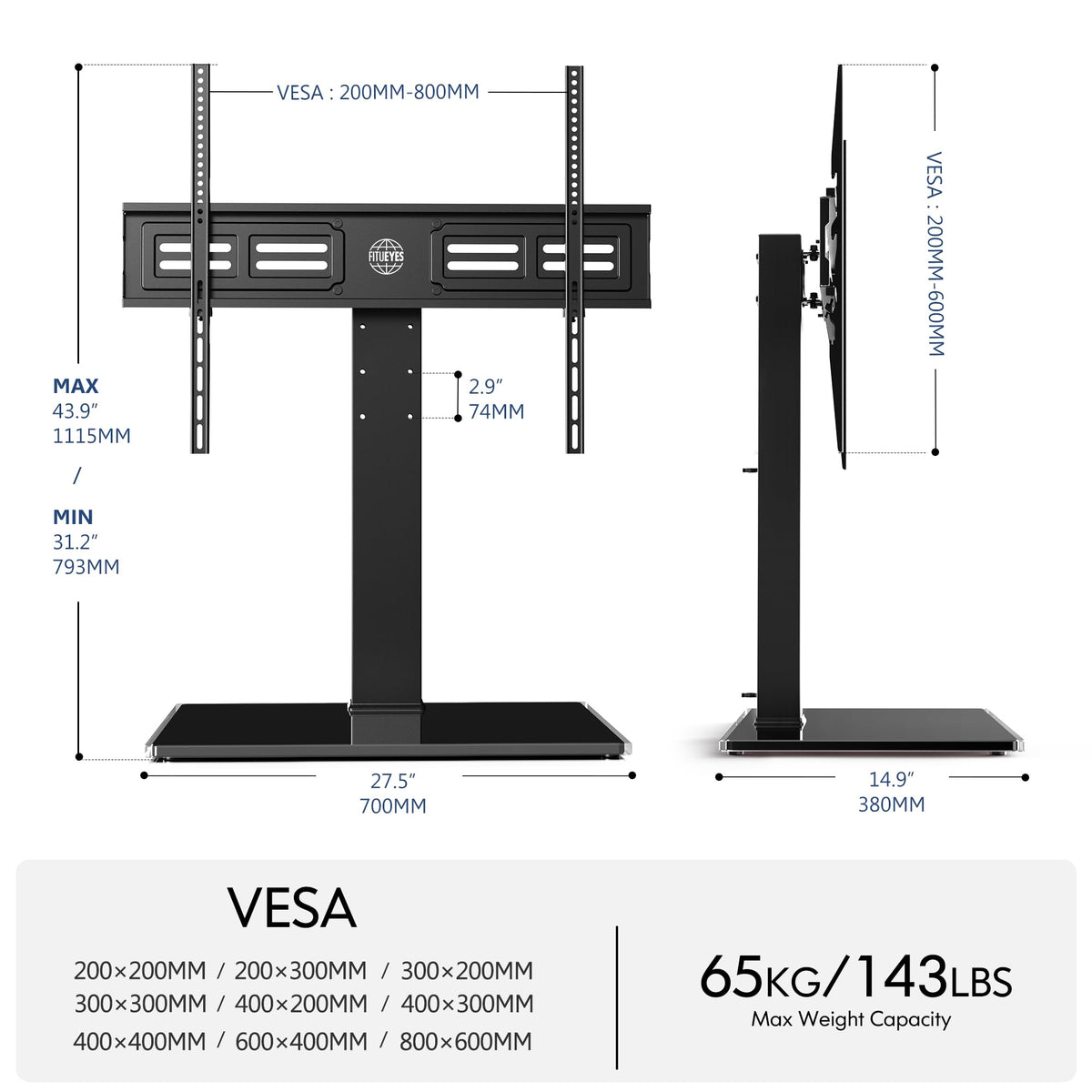 Universal Tabletop TV Stand for 50-80 Inch TVs - Black - Swivel 80 Degrees, 4 Height Settings, Holds 65kg, VESA to 800x6