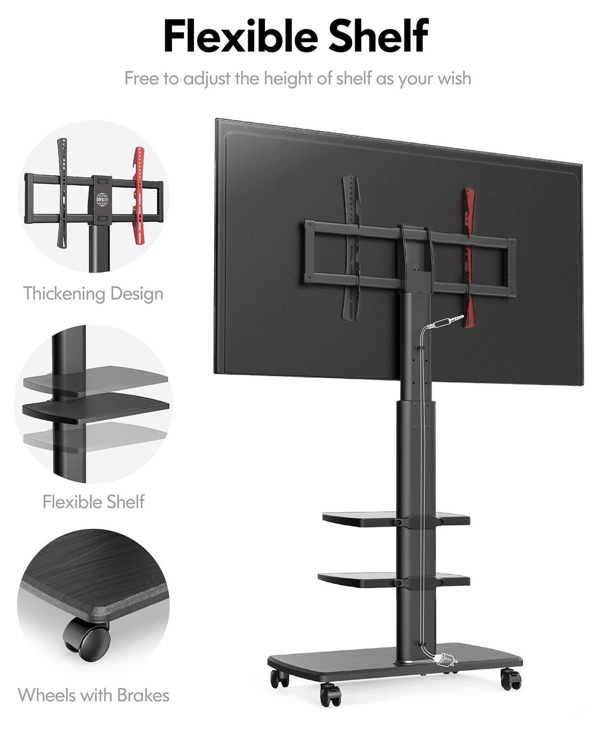 Mobile TV Stand on Wheels for 32-70 Inch TVs - Black - 3 Shelf Rolling Cart, Height Adjustable, Swivel, Holds 40kg