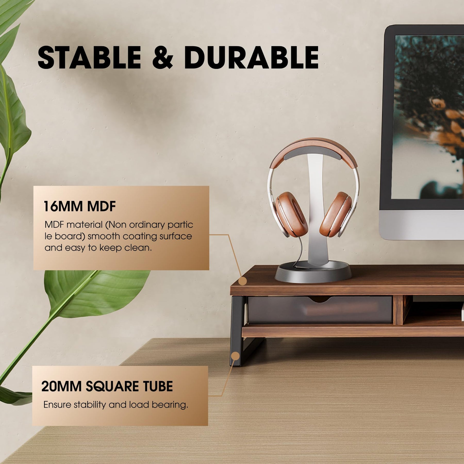 Dual Monitor Stand with Drawers 42.5 Inch - Brown - 2 Tier Wooden Desk Riser, 3 Compartments, 2 Frosted Acrylic Drawers