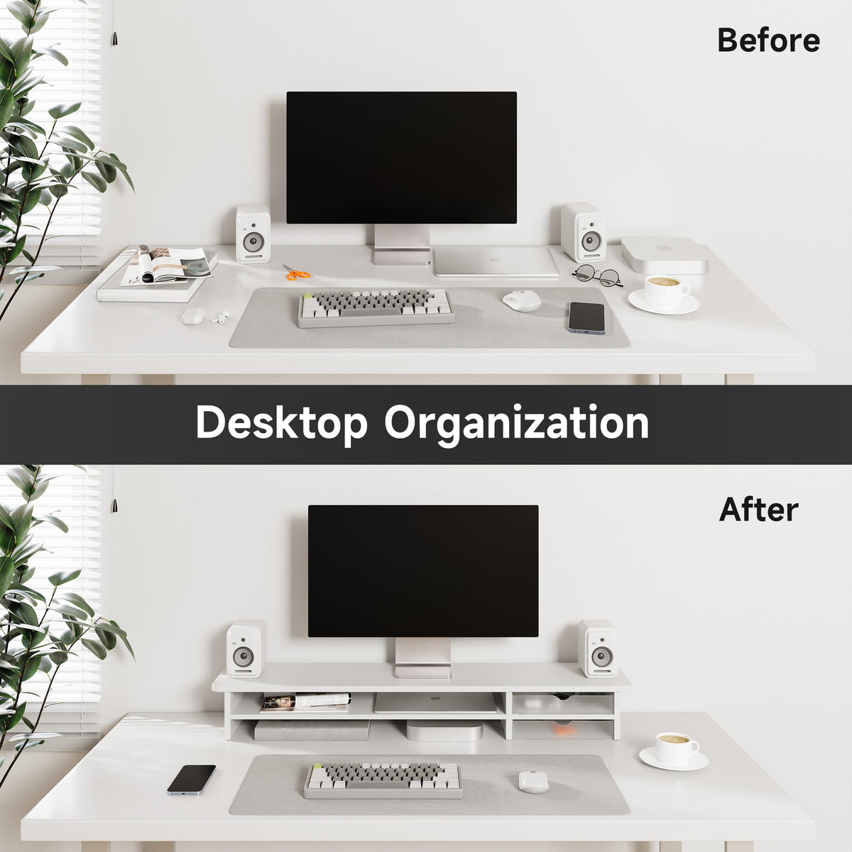 Dual Monitor Riser with Drawers 42.5 Inch - White - 2 Tier Desktop Organiser, 15mm Wood Panel, Holds 45kg