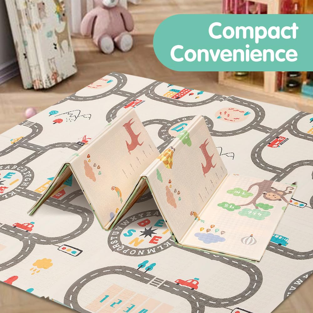 Foldable Baby Play Mat 200 x 180cm - Woodland Bear - 1cm XPE Foam, Reversible, Travel Bag