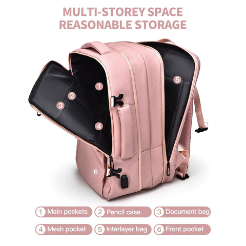 Travel Laptop Backpack 16" with USB Charging Port - Pink