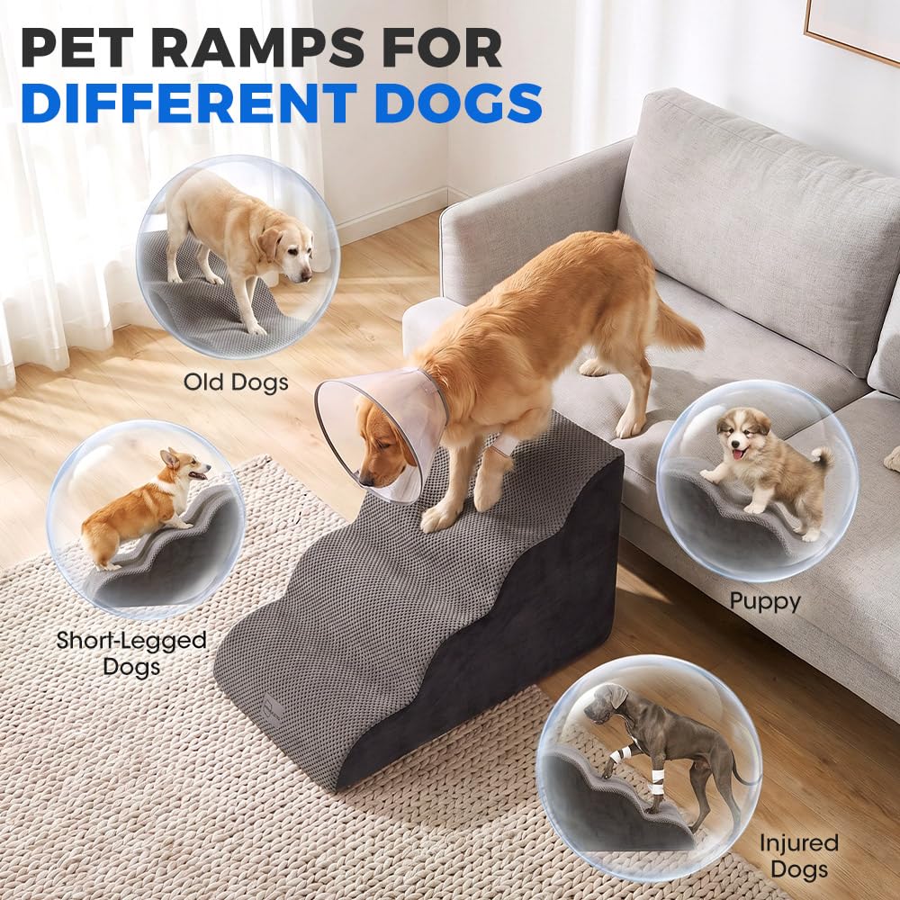 4 Step Dog Ramp 50cm High - Grey - High Density Foam Steps, Non Slip Corduroy Cover, Machine Washable