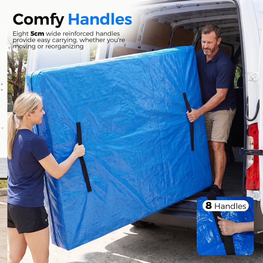 Mattress Bag for Moving and Storage - Double - 120gsm PE Tarp, 8 Heavy Duty Handles, Zip on Three Sides, Water Resistant