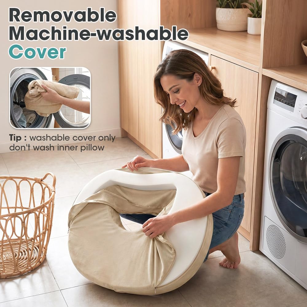 Nursing Pillow with Side Pocket - Beige - Wide Wrap-Around Fit, High-Density Foam, OEKO-TEX Cover