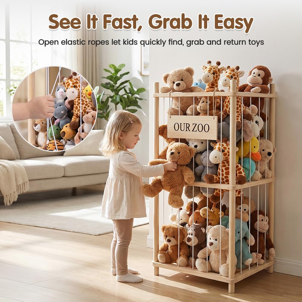 Soft Toy Storage Tower 2-Tier - Natural Wood 94.5cm - Holds 30+ Plush Toys, Elastic Bar Shelves