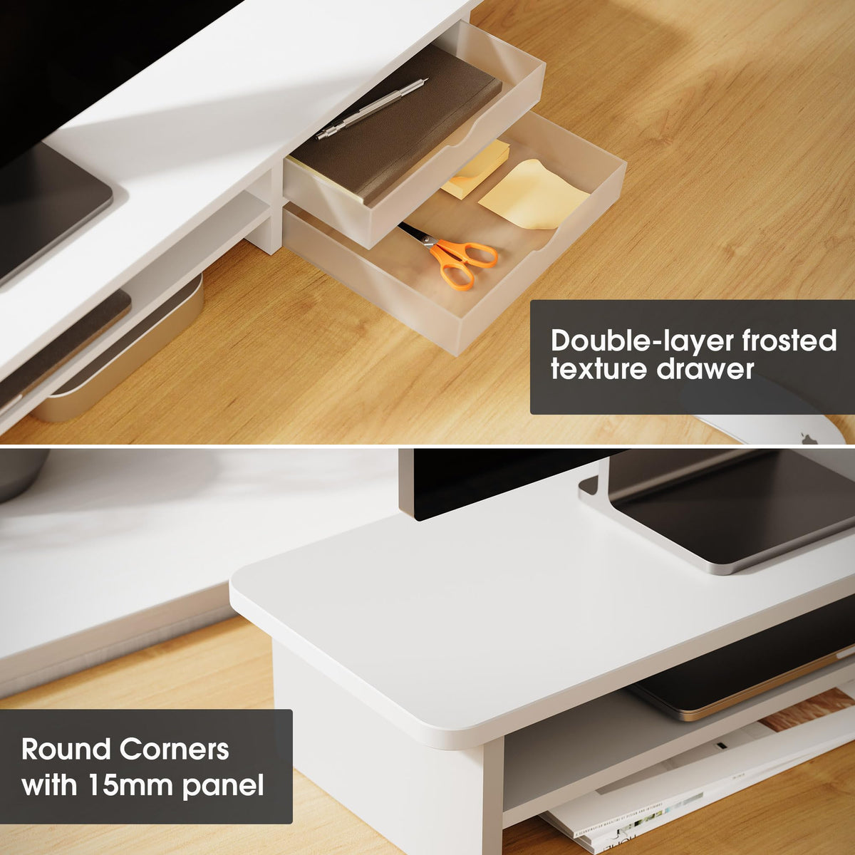 Dual Monitor Riser with Drawers 42.5 Inch - White - 2 Tier Desktop Organiser, 15mm Wood Panel, Holds 45kg