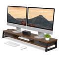 Dual Monitor Stand with Drawers 42.5 Inch - Brown - 2 Tier Wooden Desk Riser, 3 Compartments, 2 Frosted Acrylic Drawers