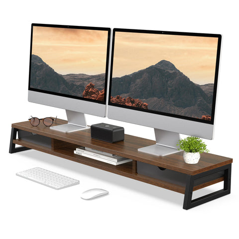 Dual Monitor Stand with Drawers 42.5 Inch - Brown - 2 Tier Wooden Desk Riser, 3 Compartments, 2 Frosted Acrylic Drawers