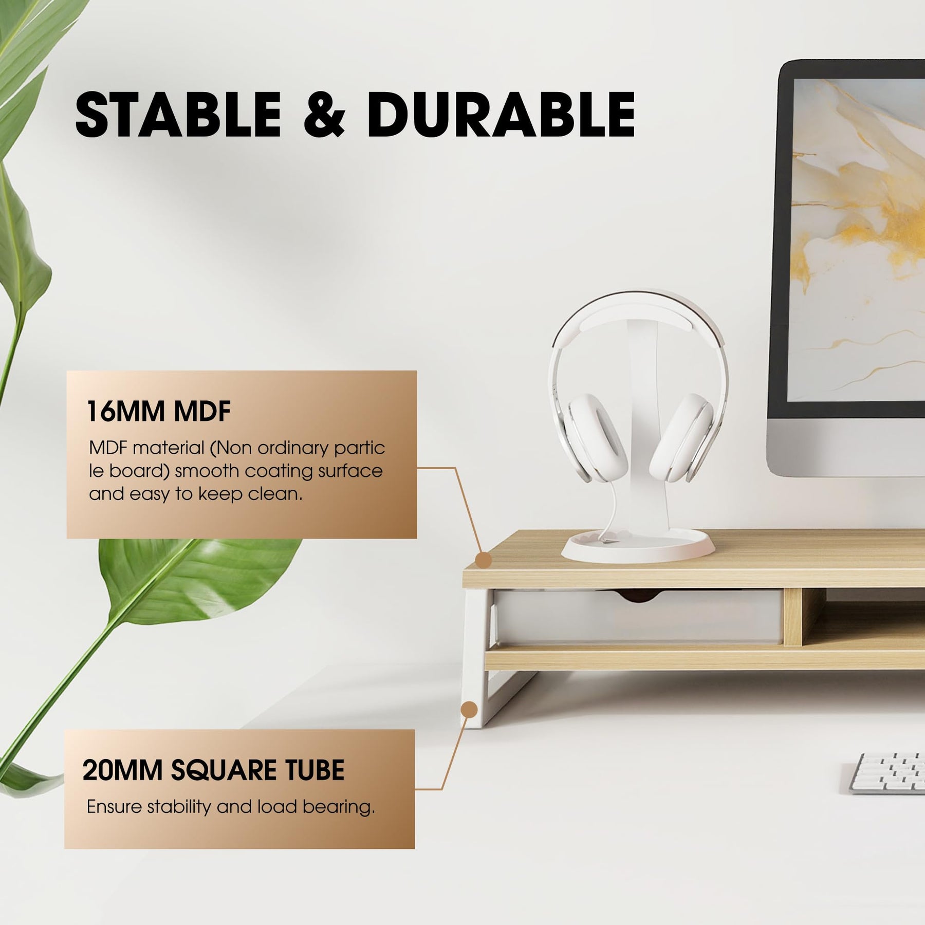 Dual Monitor Stand with Drawers 42.5 Inch - Oak - 2 Tier Wooden Desk Riser, 3 Compartments, 2 Frosted Acrylic Drawers