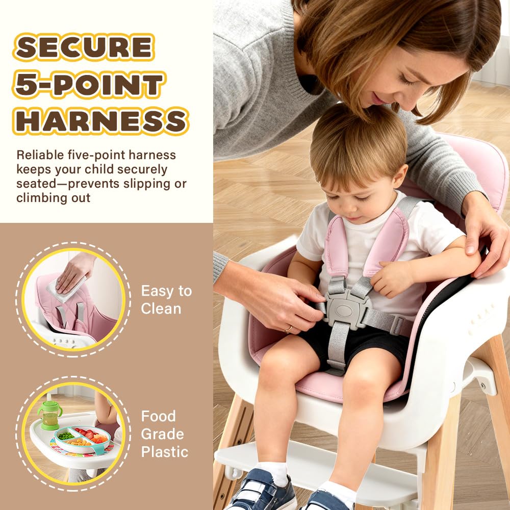 3-in-1 Wooden Baby High Chair - Pink - 5-Point Harness, Food-Grade Tray, 5-Level Footrest