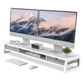 Dual Monitor Stand with Drawers 42.5 Inch - White - 2 Tier Wooden Desk Riser, 3 Compartments, 2 Frosted Acrylic Drawers