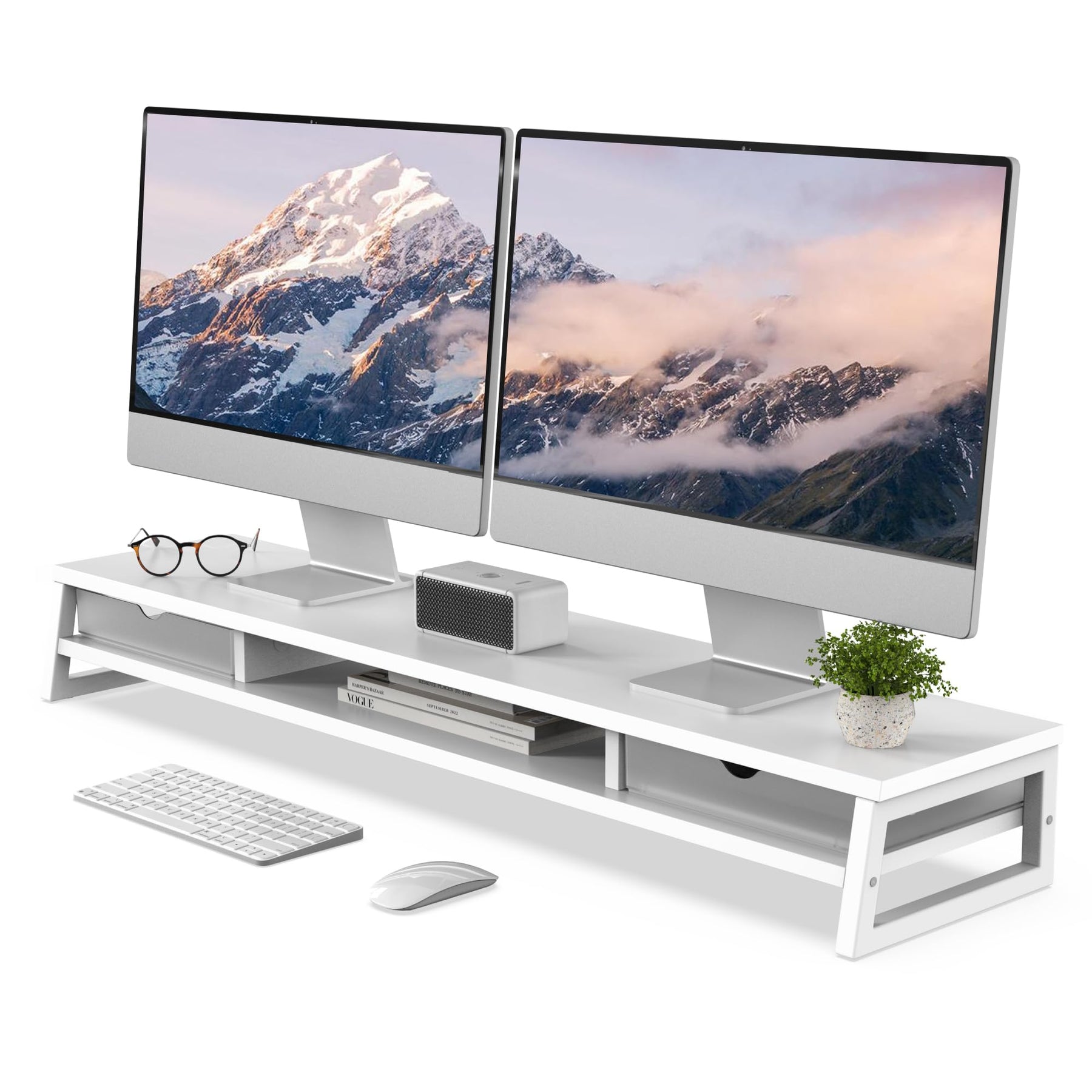 Dual Monitor Stand with Drawers 42.5 Inch - White - 2 Tier Wooden Desk Riser, 3 Compartments, 2 Frosted Acrylic Drawers