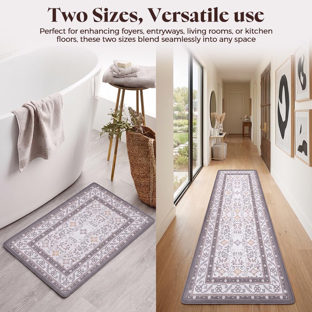 Kitchen Rug and Mat Set 2 Piece - Brown - 45 x 151cm and 45 x 74cm, Textured Anti Slip PVC, Wipe Clean
