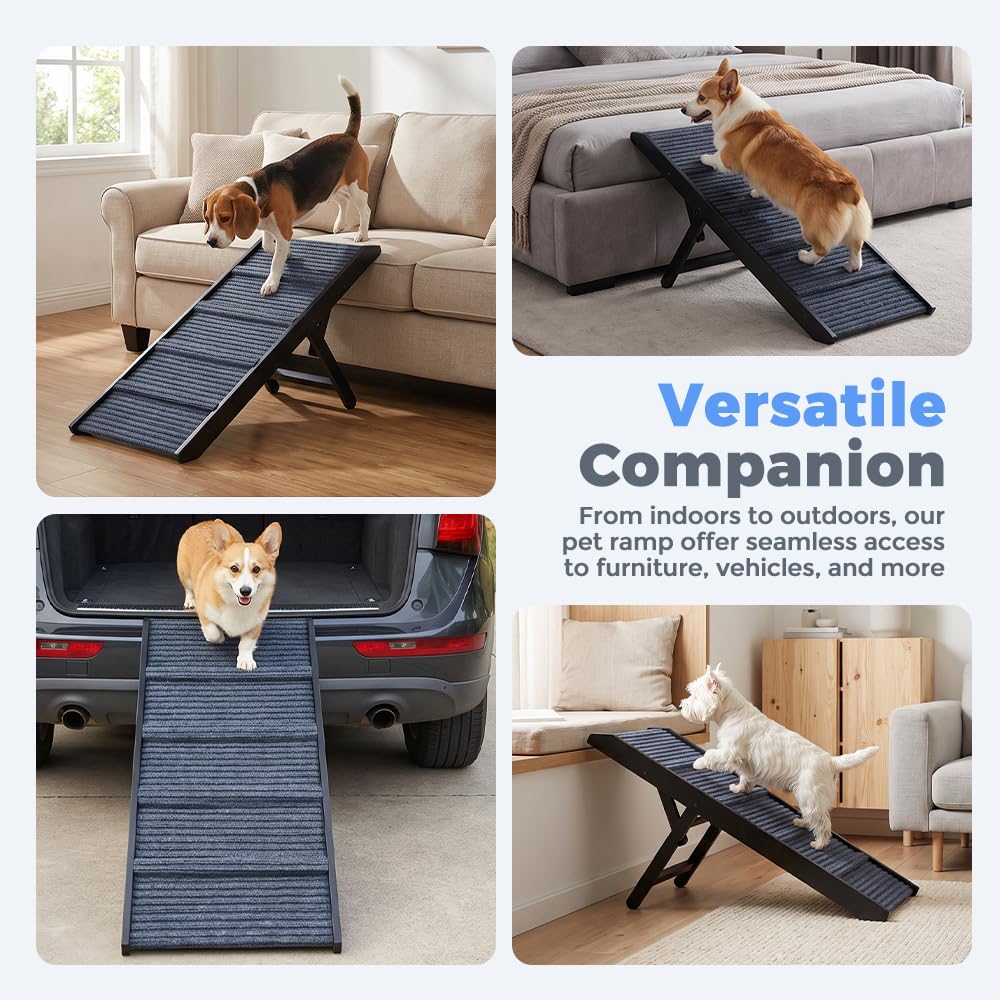 Adjustable Dog Ramp for Bed - Black, 90cm Long - Three Heights 33, 39 and 45cm, Holds 60kg, Non Slip Carpet