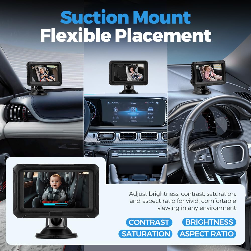Baby Car Mirror Camera - 4.3in 1080P HD - Infrared Night Vision, 150 Degree Wide Angle, 360 Rotation