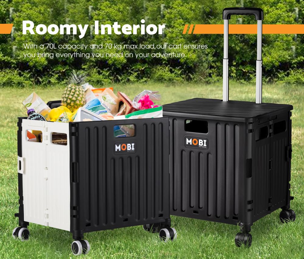 Foldable Camping and Shopping Trolley Cart - Black - 70kg Capacity, 360 Degree Locking Wheels, Telescopic Handle, Canopy