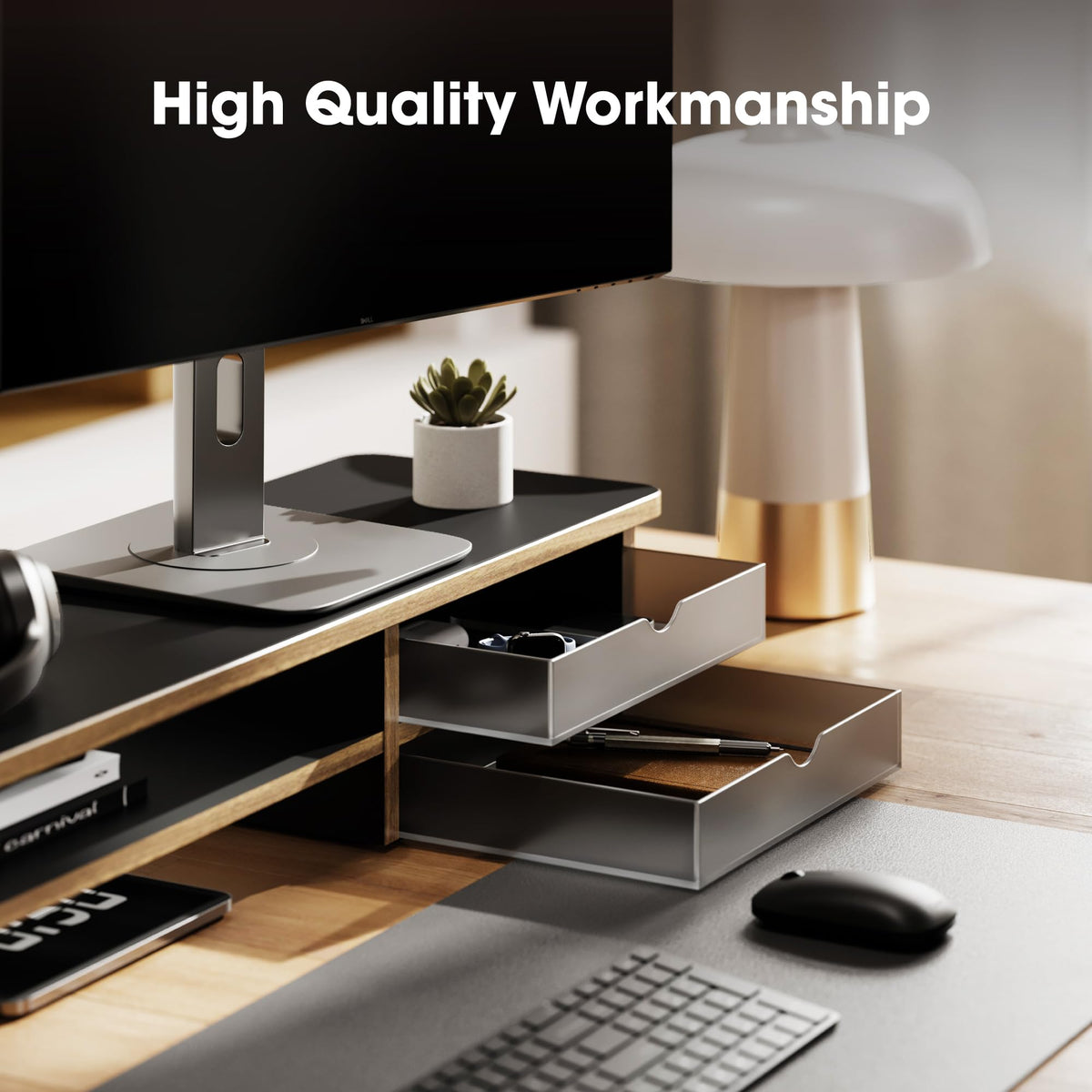 Dual Monitor Riser with Drawers 42.5 Inch - Black - 2 Tier Desktop Organiser, 15mm Wood Panel, Holds 45kg