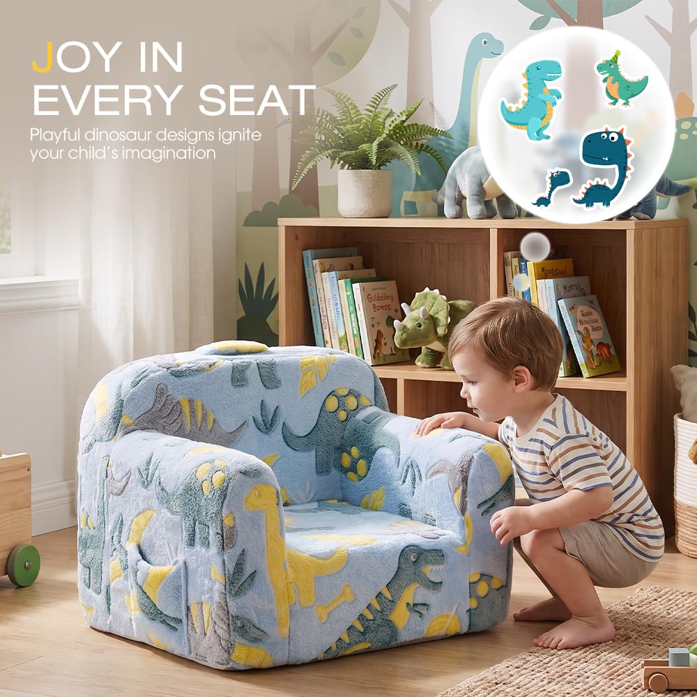 Kids Foam Sofa Chair - Blue Dinosaur Print - Carry Handle, Zip-Off Washable Cover, 62.5cm Wide