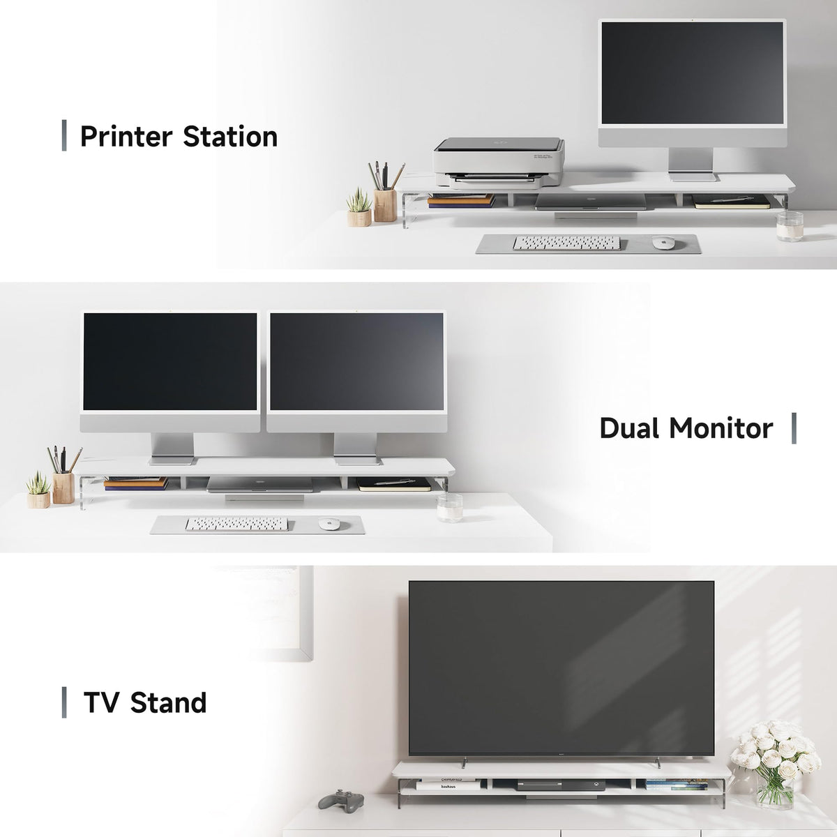 Acrylic Dual Monitor Riser 42.5 Inch - White - 2 Tier Desk Shelf, 18mm Board with Steel Core