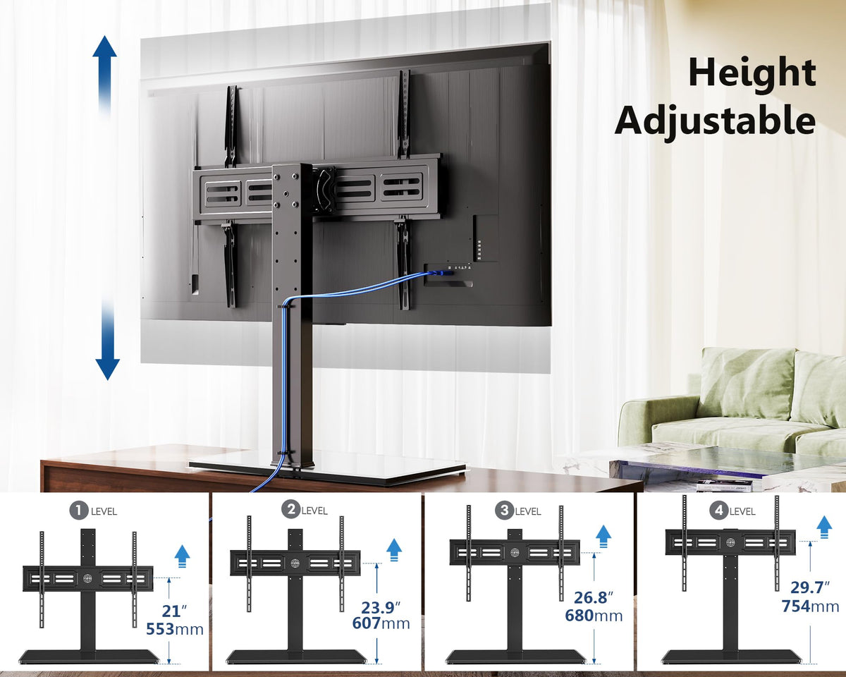 Universal Tabletop TV Stand for 50-80 Inch TVs - Black - Swivel 80 Degrees, 4 Height Settings, Holds 65kg, VESA to 800x6