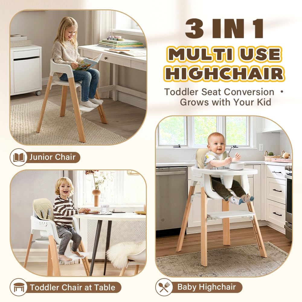 3-in-1 Wooden Baby High Chair - Khaki - 5-Point Harness, Food-Grade Tray, 5-Level Footrest