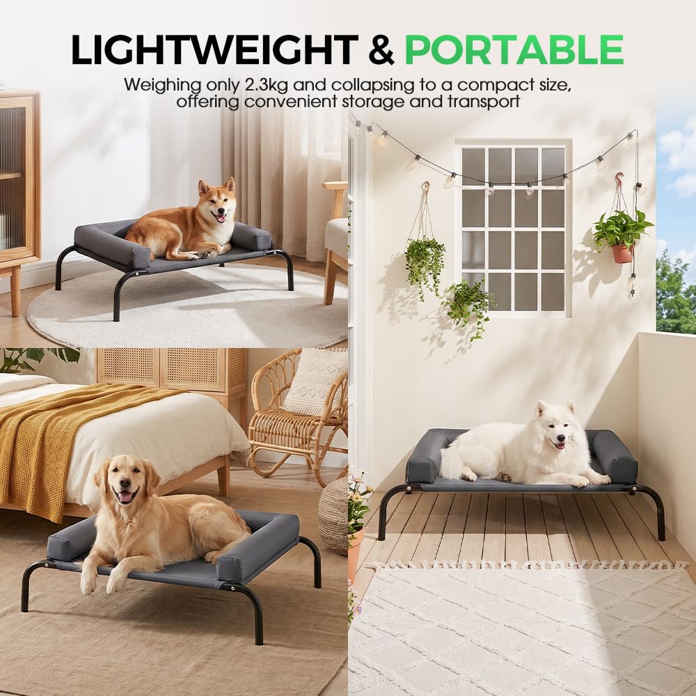 Cooling Elevated Dog Bed with Bolster - Grey, Large 107 x 80 x 20cm - Textilene Mesh, Steel Frame, Holds 60kg