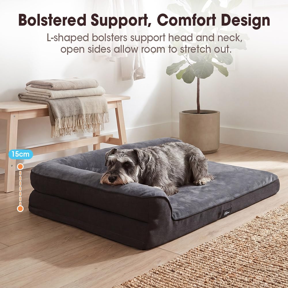 Dog Bed with L Shaped Bolsters - Grey, Medium 71 x 58 x 15cm - Velvet, Egg Crate Foam, Non Slip Base