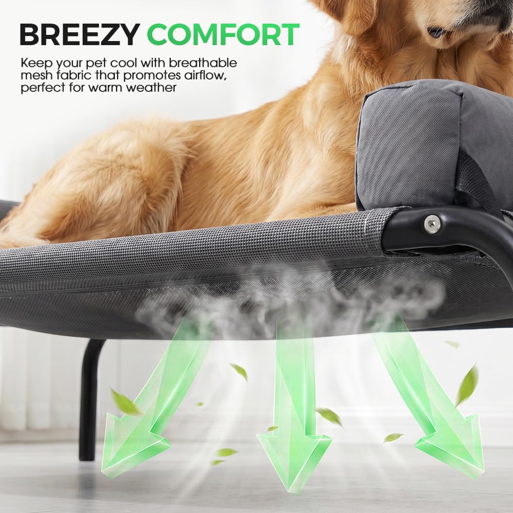 Cooling Elevated Dog Bed with Bolster - Grey, Large 107 x 80 x 20cm - Textilene Mesh, Steel Frame, Holds 60kg