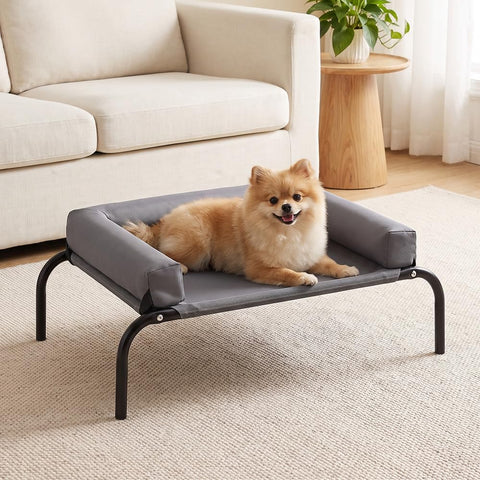 Cooling Elevated Dog Bed with Bolster - Grey, Medium 88 x 64 x 20cm - Textilene Mesh, Steel Frame, Holds 60kg