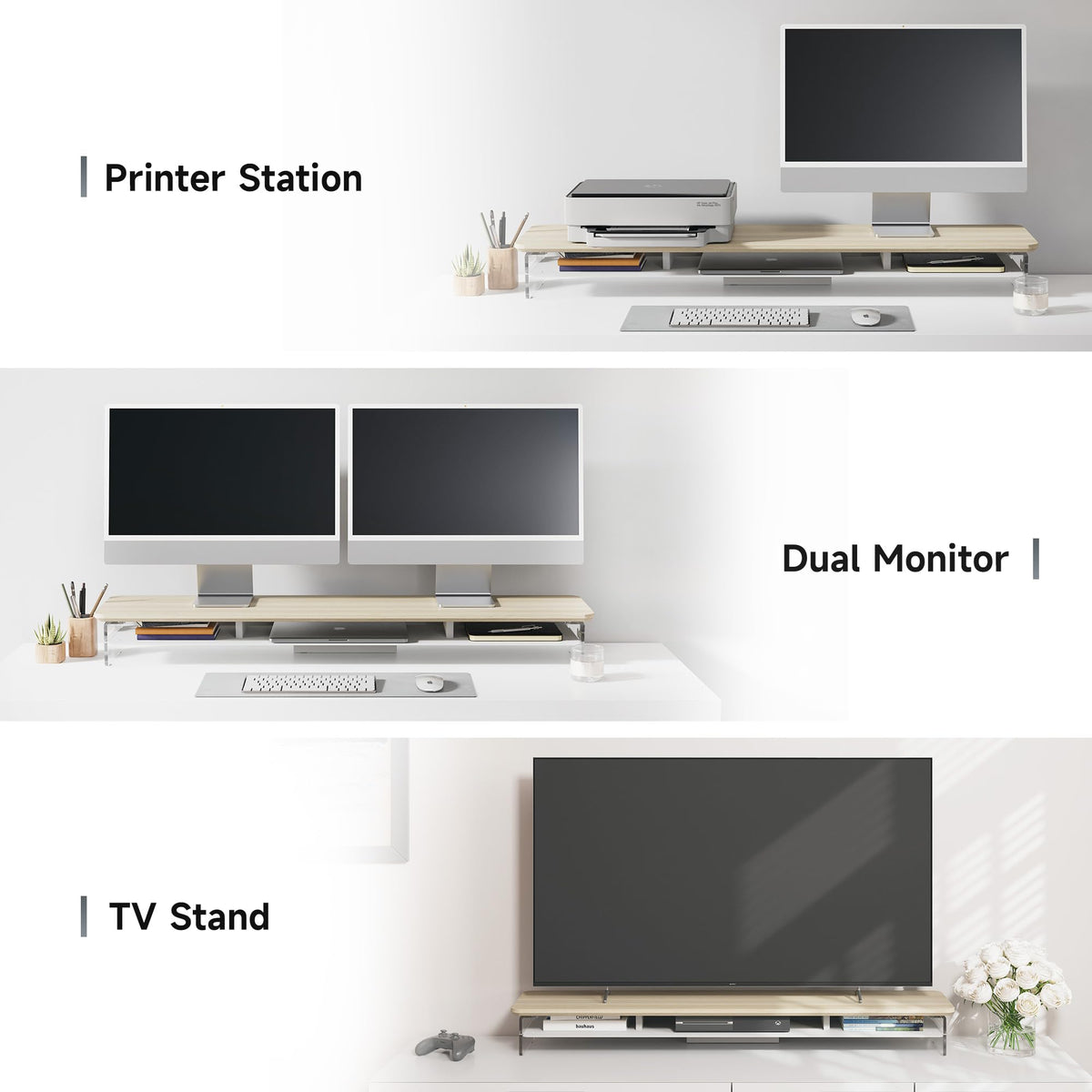 Acrylic Dual Monitor Riser 42.5 Inch - Oak - 2 Tier Desk Shelf, 18mm Board with Steel Core