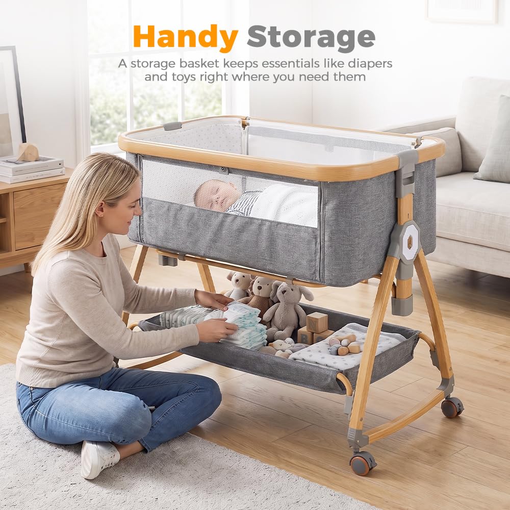 3-in-1 Baby Bassinet and Bedside Sleeper - Grey - 6 Height Levels, Rocking Cradle, Mattress Included
