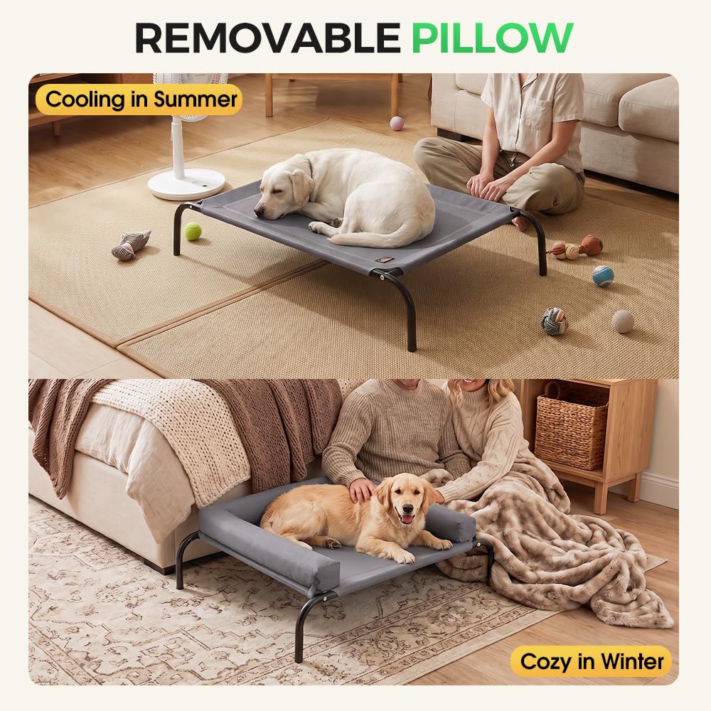 Cooling Elevated Dog Bed with Bolster - Grey, Large 107 x 80 x 20cm - Textilene Mesh, Steel Frame, Holds 60kg