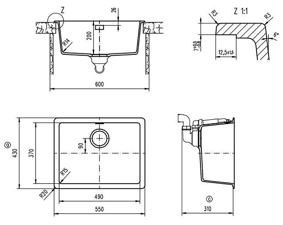 Abey Schock Soho large single bowl sink 550mm - grey stone colour, Cristadur, topmount - N120S