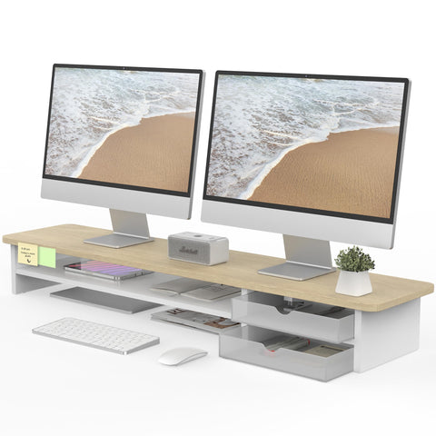 Dual Monitor Riser with Drawers 42.5 Inch - Oak - 2 Tier Desktop Organiser, 15mm Wood Panel, Holds 45kg