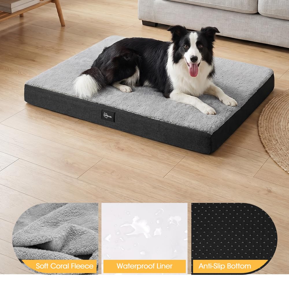 Orthopedic Dog Bed with Handle - Grey, Large 90 x 64 x 8cm - Memory Foam, Coral Fleece, Washable Cover, Non Slip
