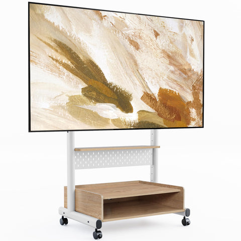 Corner TV Stand on Wheels for 40-85 Inch TVs - White - Peg Board and Wooden Cabinet Storage, Height Adjustable Mount