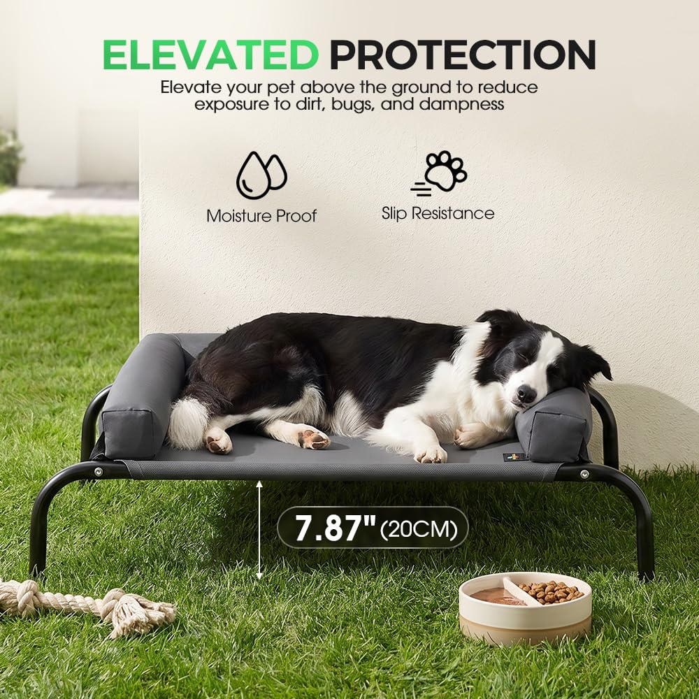 Cooling Elevated Dog Bed with Bolster - Grey, Large 107 x 80 x 20cm - Textilene Mesh, Steel Frame, Holds 60kg